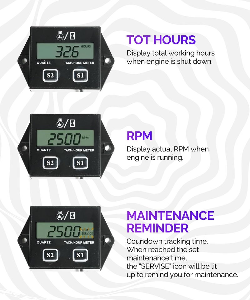RACOONA Digital Tachometer,Hour Meters for Small Engines,Car Accessories Small Engine Hour Meter and Digital Tachometer,Waterproof Inductive Tachometer Gauge for Lawn Mower Tractor Generator - Image 3